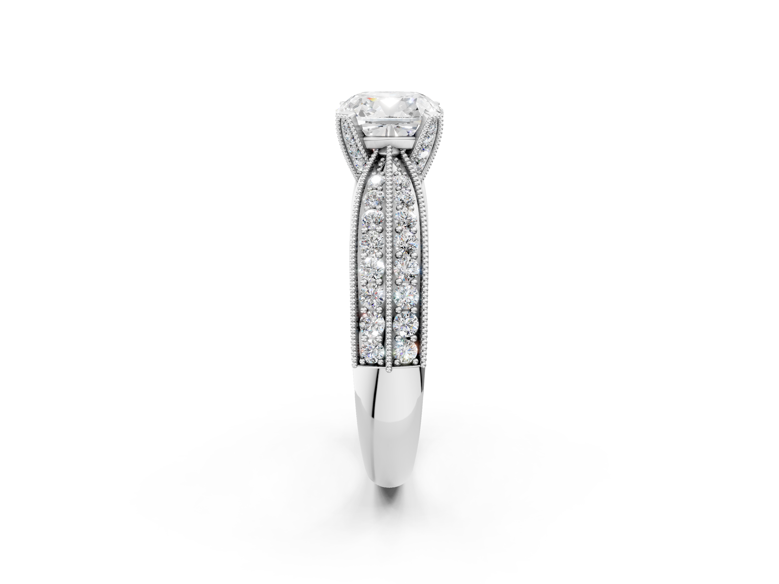 White gold Cushion Cut Moissanite   Solitaire Diamond Ring with Milgrain Pavé Band and Four-Prong Setting_41
