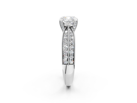 White gold Cushion Cut Moissanite   Solitaire Diamond Ring with Milgrain Pavé Band and Four-Prong Setting_41