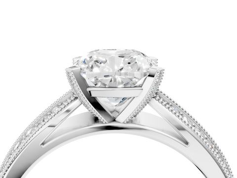 White gold Cushion Cut Moissanite   Solitaire Diamond Ring with Milgrain Pavé Band and Four-Prong Setting_43
