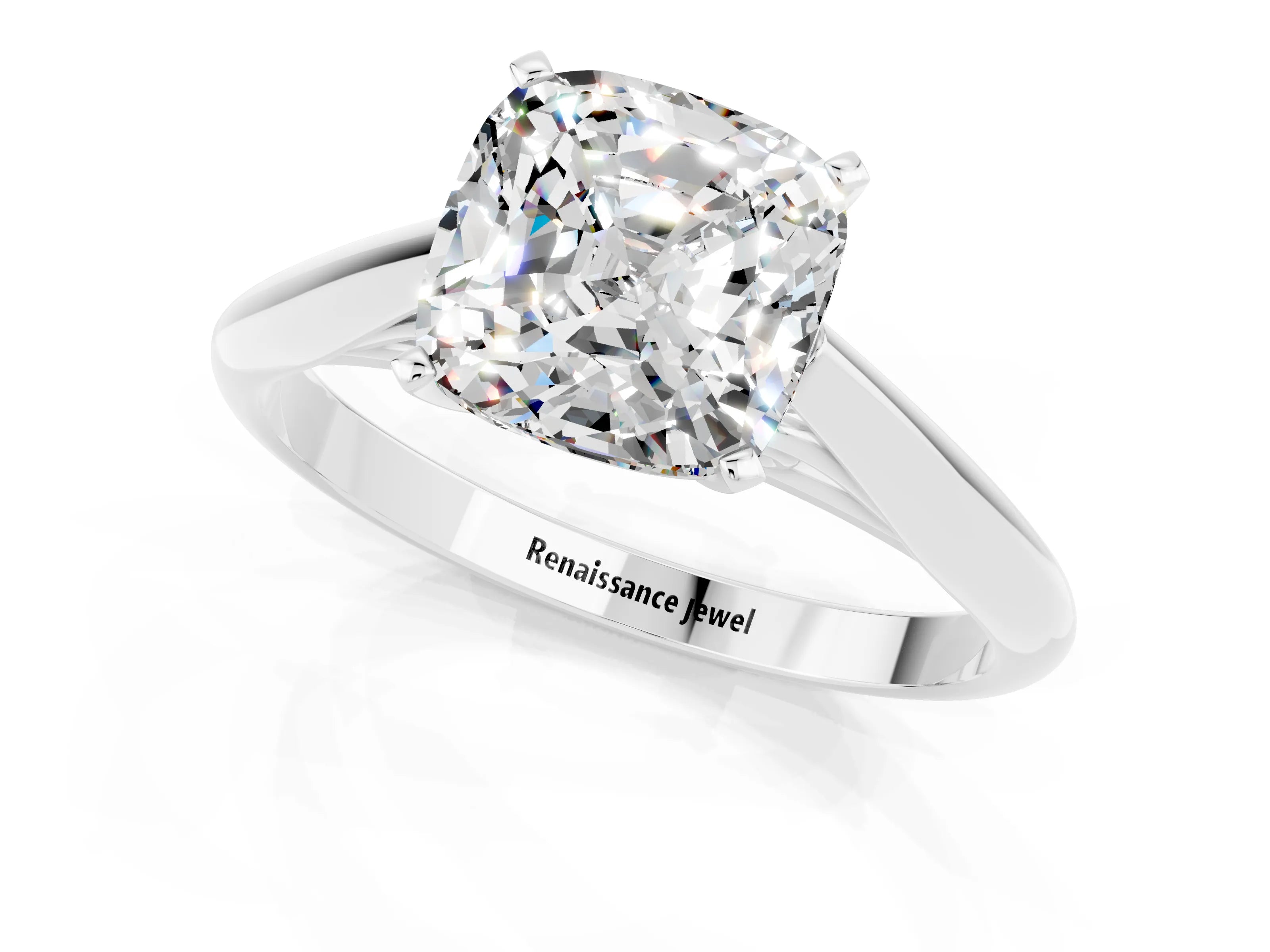 White gold Cushion Cut Moissanite Solitaire Engagement Ring with Cathedral Setting and Four-Prong Mount_13