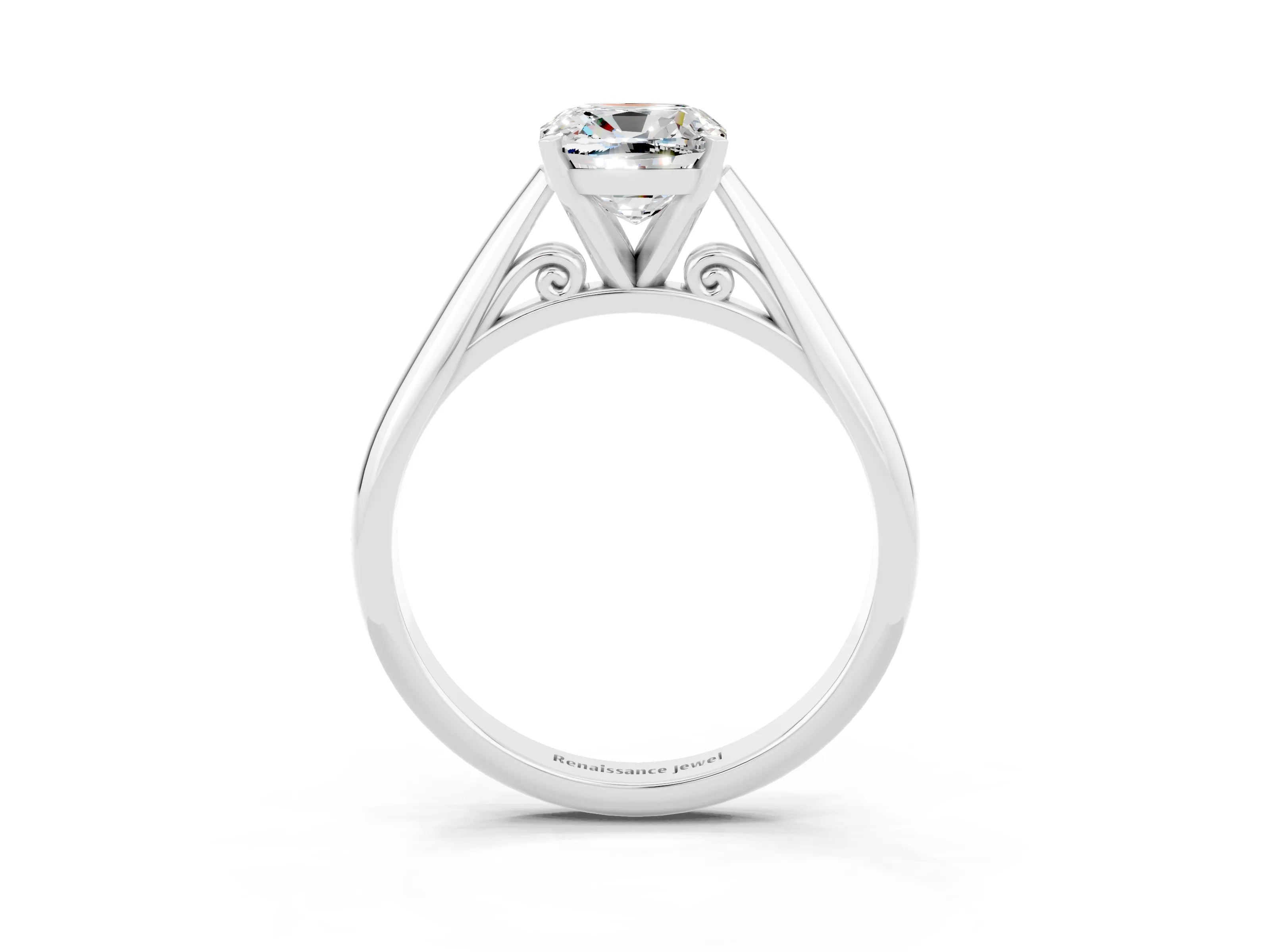 White gold Cushion Cut Moissanite Solitaire Engagement Ring with Cathedral Setting and Four-Prong Mount_15