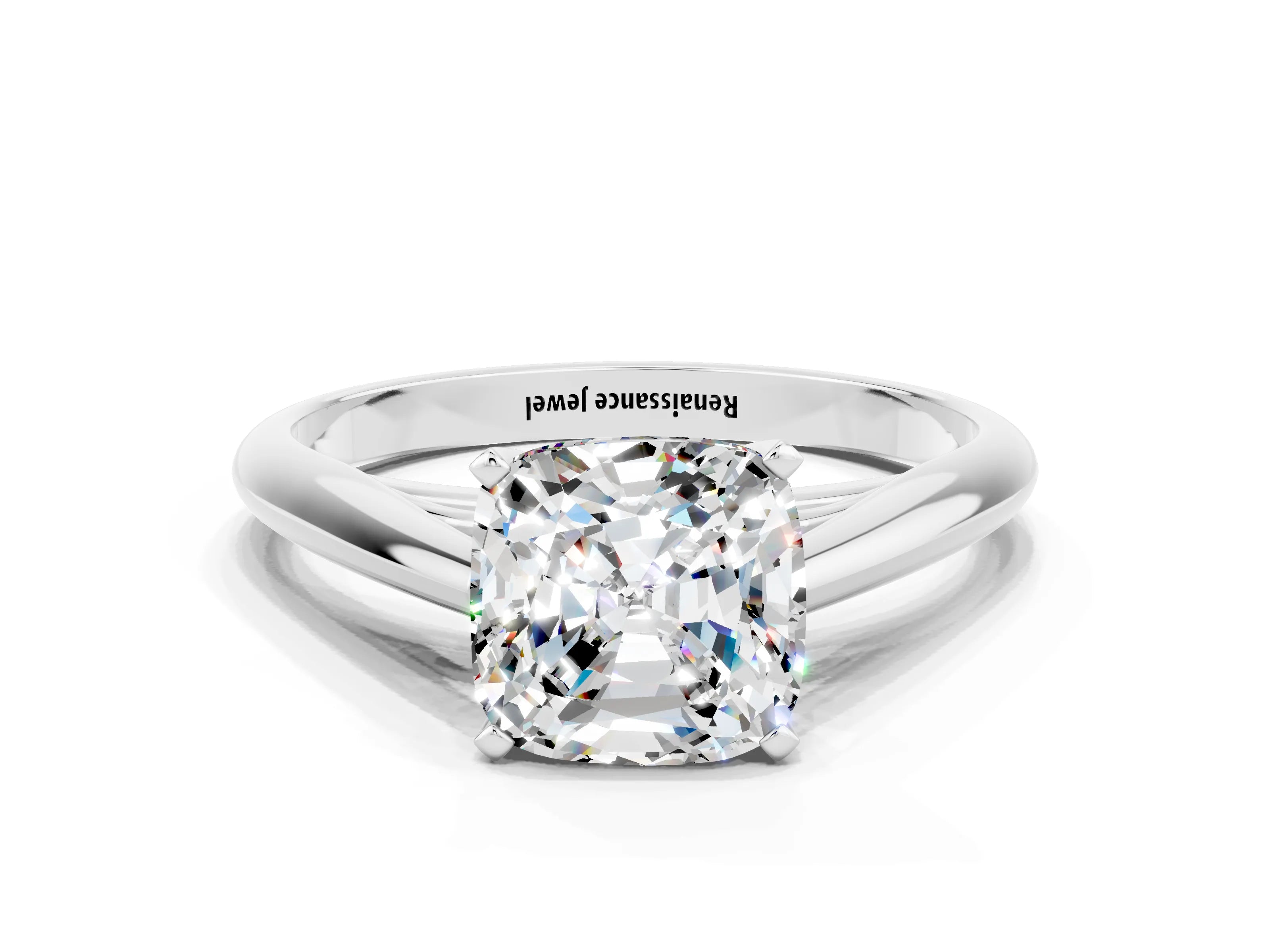 White gold Cushion Cut Moissanite Solitaire Engagement Ring with Cathedral Setting and Four-Prong Mount_24