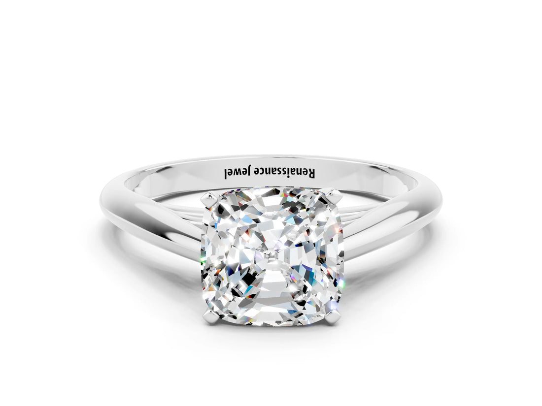 White gold Cushion Cut Moissanite Solitaire Engagement Ring with Cathedral Setting and Four-Prong Mount_96