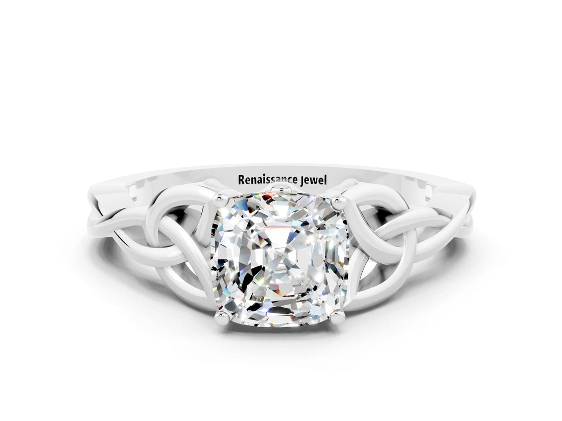 White gold Cushion Cut Moissanite Solitaire Engagement Ring with Celtic Knot Band and Four-Prong Setting
