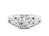 White gold Cushion Cut Moissanite Solitaire Engagement Ring with Celtic Knot Band and Four-Prong Setting