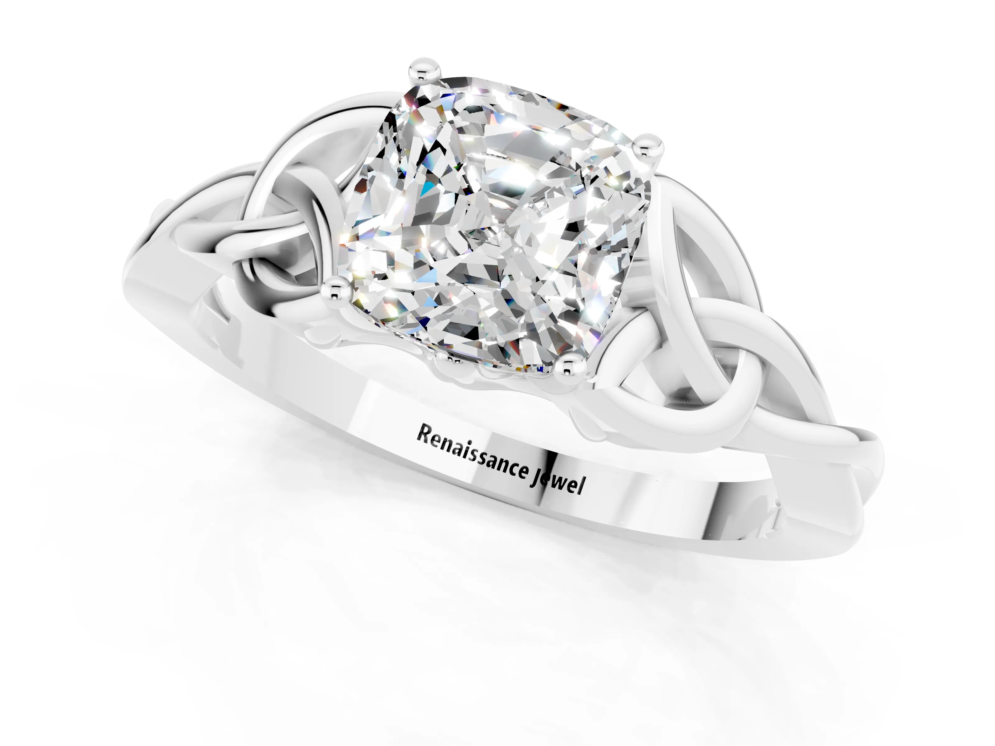 White gold Cushion Cut Moissanite Solitaire Engagement Ring with Celtic Knot Band and Four-Prong Setting_1