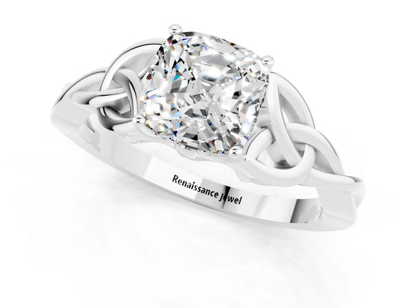 Silver Cushion Cut Moissanite Solitaire Engagement Ring with Celtic Knot Band and Four-Prong Setting