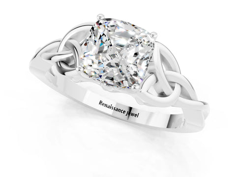 White gold Cushion Cut Moissanite Solitaire Engagement Ring with Celtic Knot Band and Four-Prong Setting_1