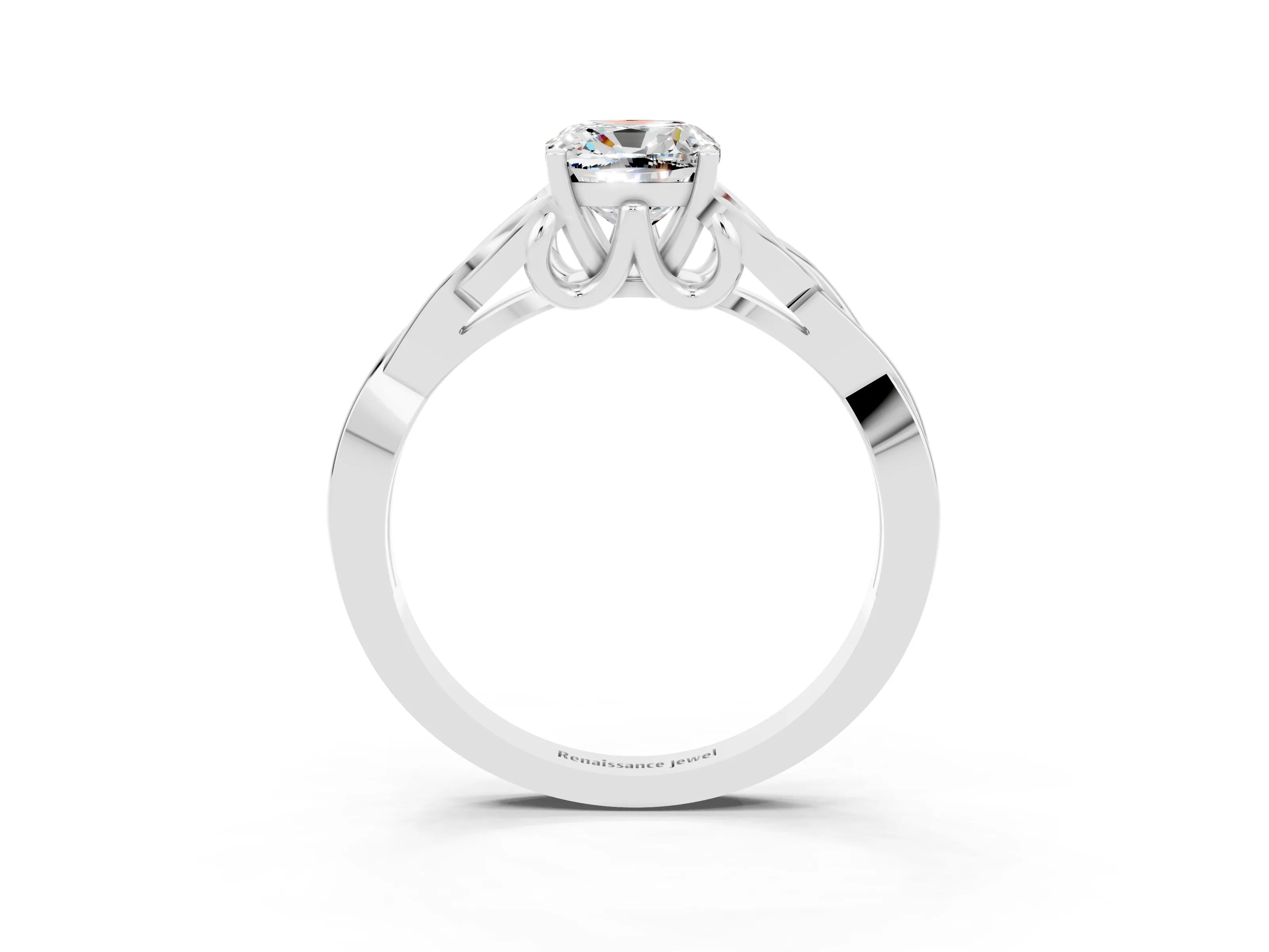 White gold Cushion Cut Moissanite Solitaire Engagement Ring with Celtic Knot Band and Four-Prong Setting_3