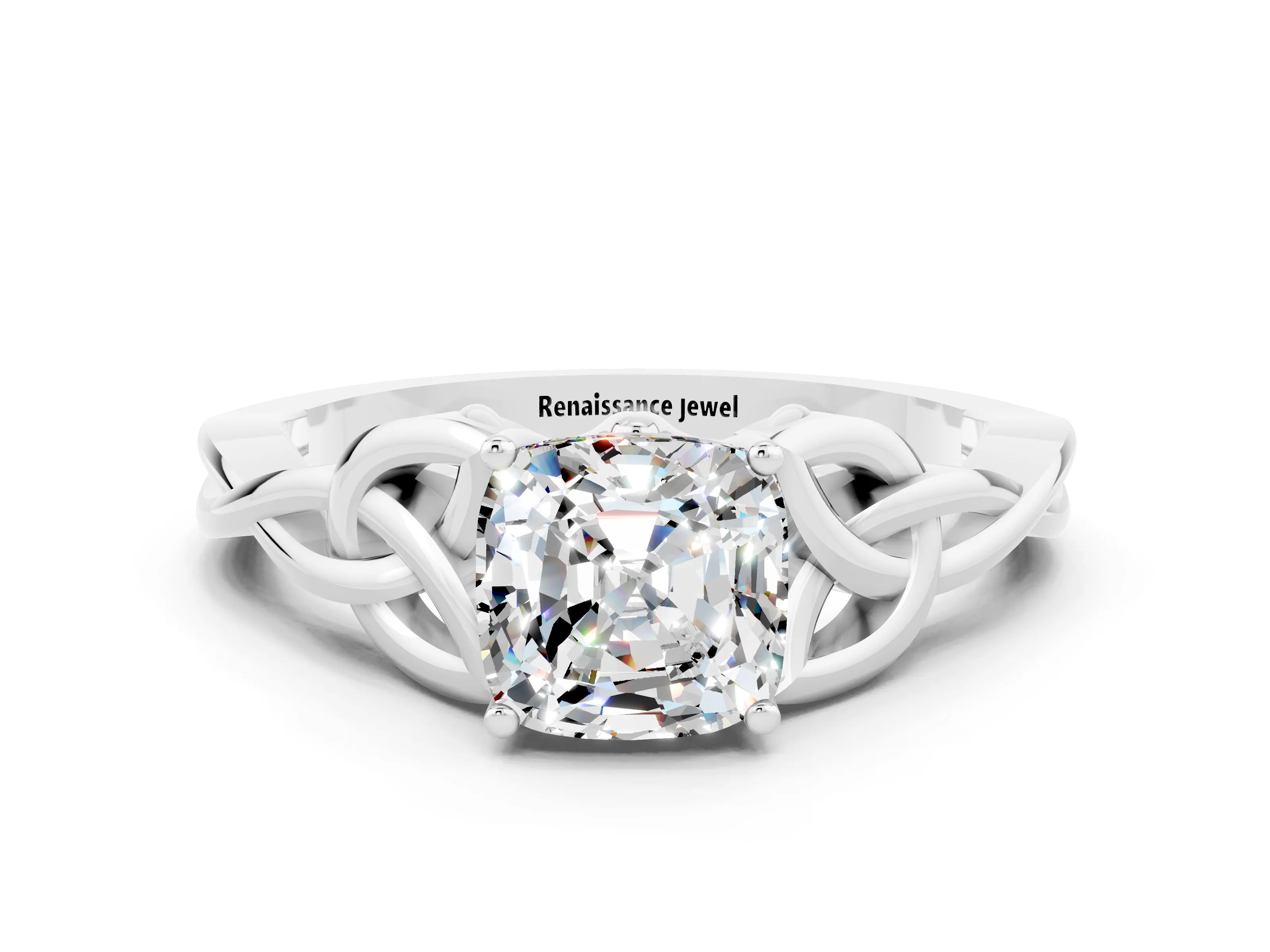White gold Cushion Cut Moissanite Solitaire Engagement Ring with Celtic Knot Band and Four-Prong Setting