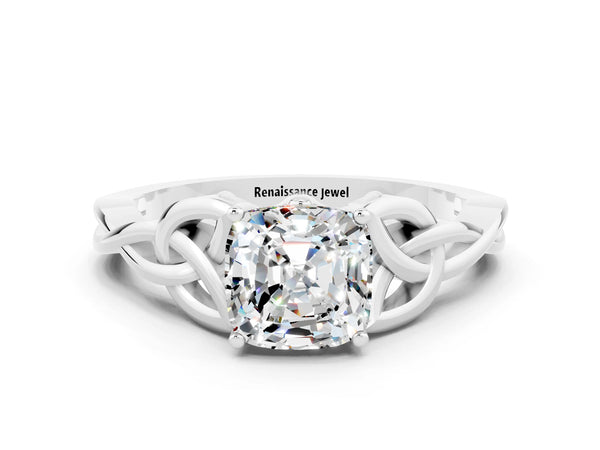 White gold Cushion Cut Moissanite Solitaire Engagement Ring with Celtic Knot Band and Four-Prong Setting