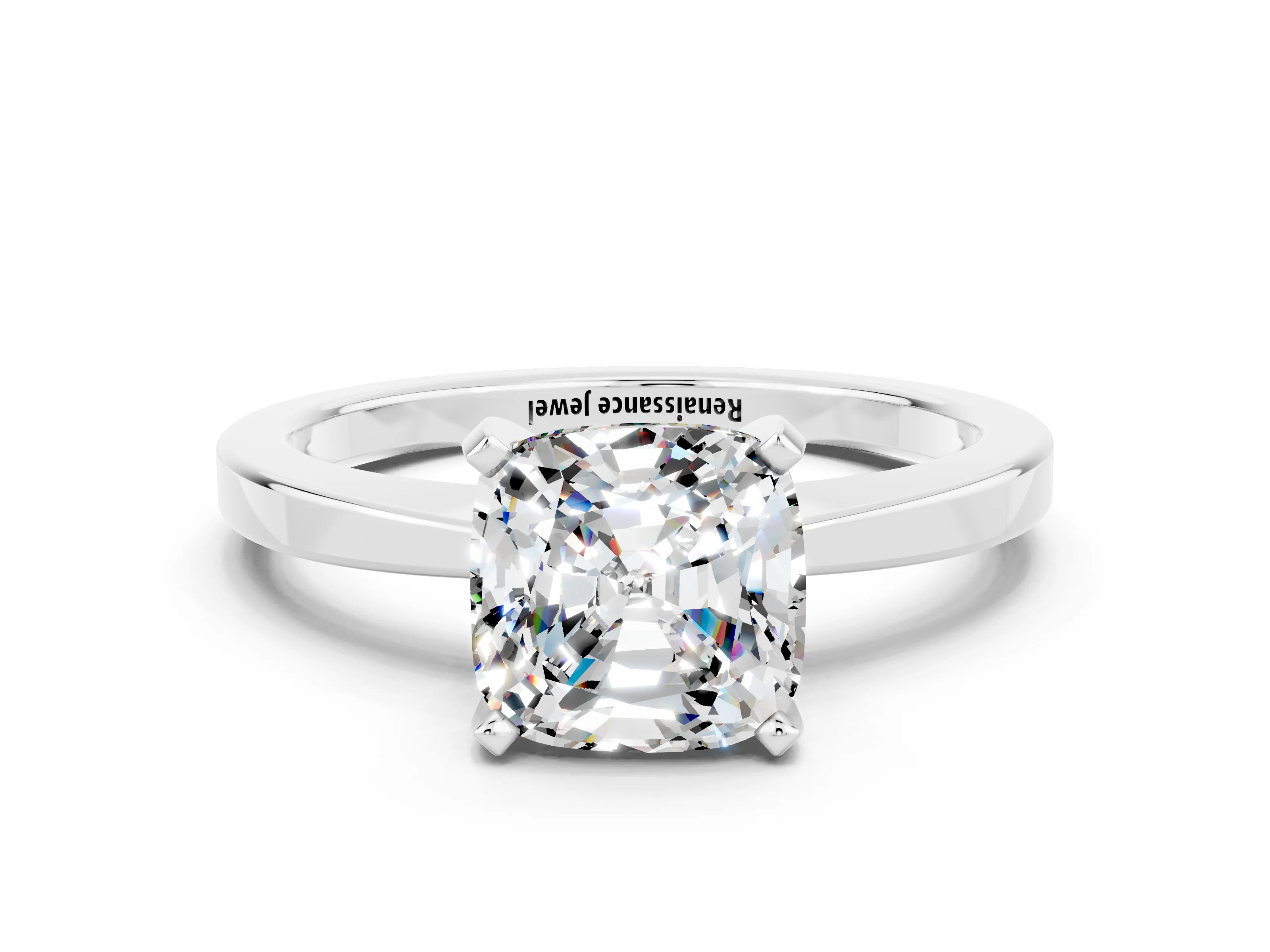 White gold Cushion Cut Moissanite Solitaire Engagement Ring with Classic Band and Four-Prong Setting_24