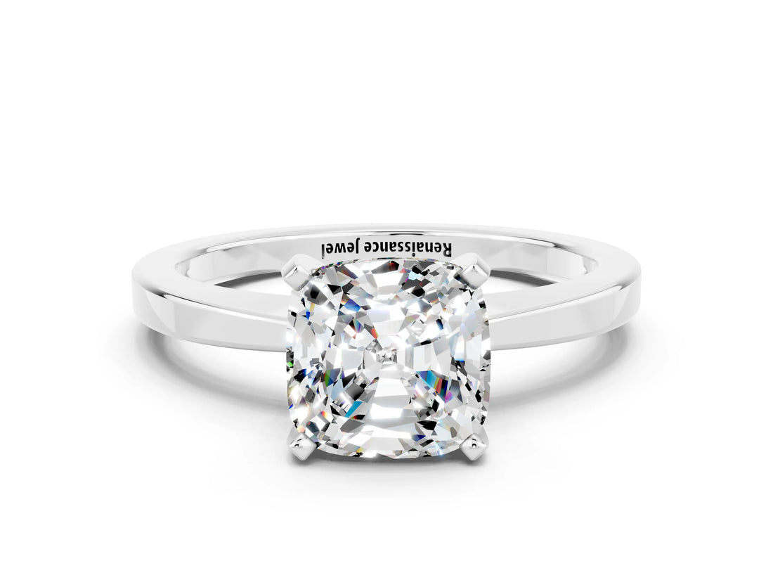 White gold Cushion Cut Moissanite Solitaire Engagement Ring with Classic Band and Four-Prong Setting_24