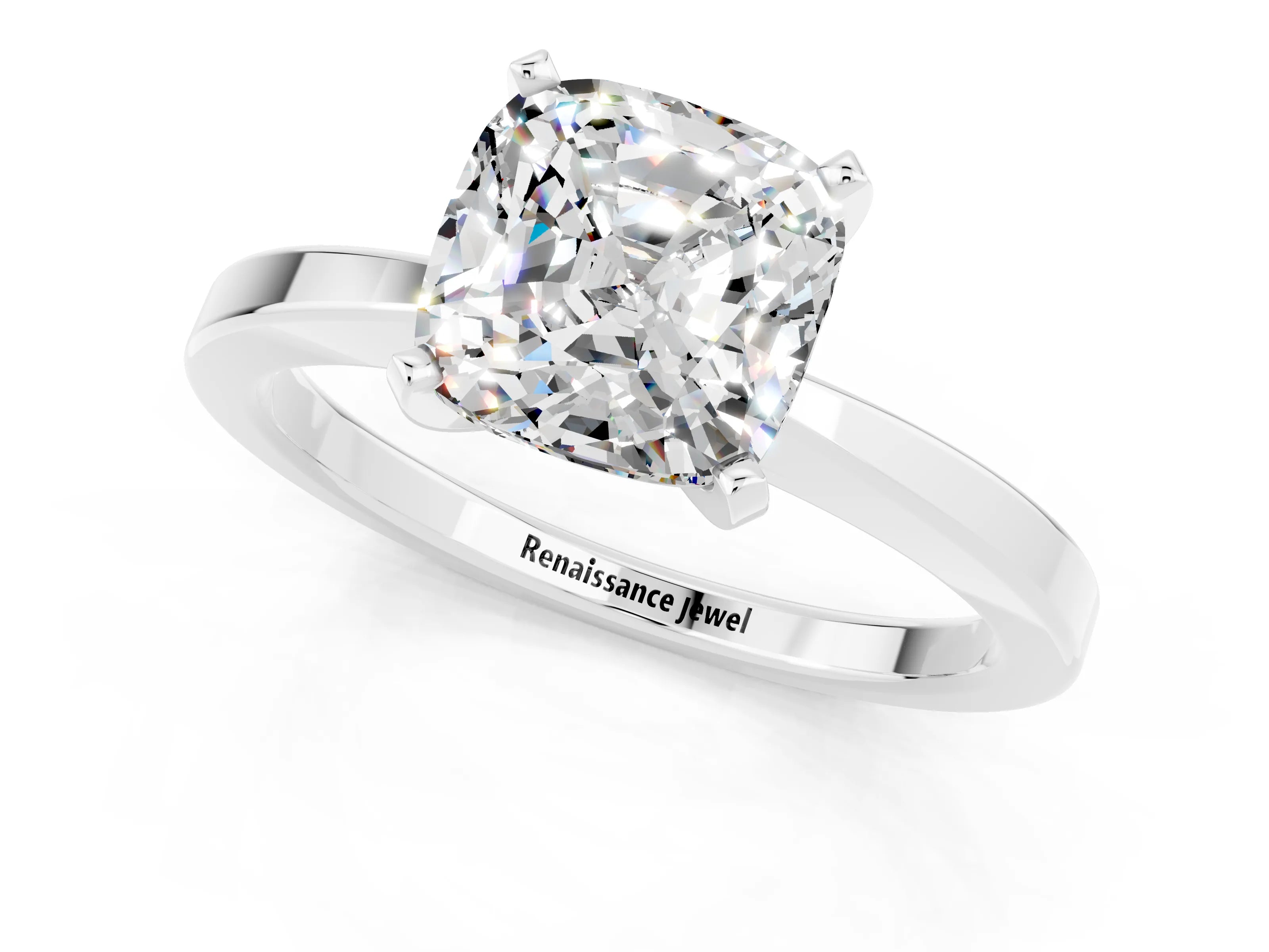 White gold Cushion Cut Moissanite Solitaire Engagement Ring with Classic Band and Four-Prong Setting_25