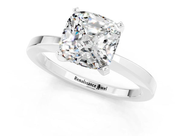 White gold Cushion Cut Moissanite Solitaire Engagement Ring with Classic Band and Four-Prong Setting