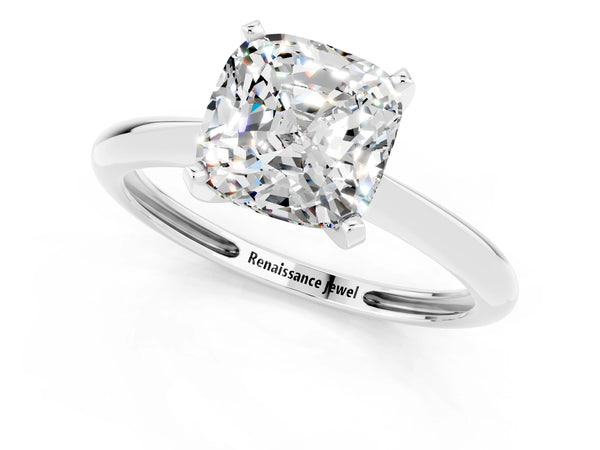 White gold Cushion Cut Moissanite Solitaire Engagement Ring with Classic Band and Four-Prong Setting