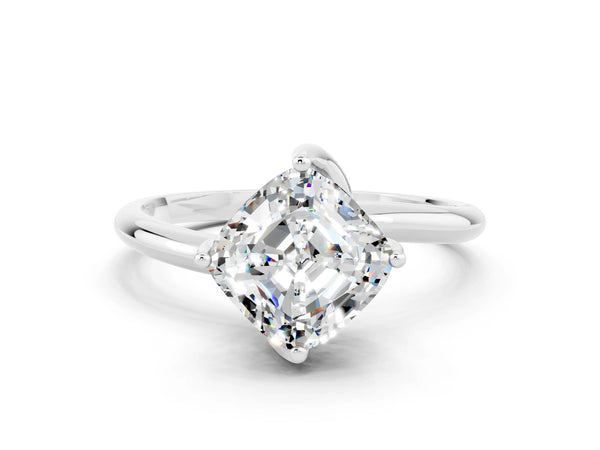Silver Cushion Cut Moissanite Solitaire Engagement Ring with Four-Prong Setting and Classic Band