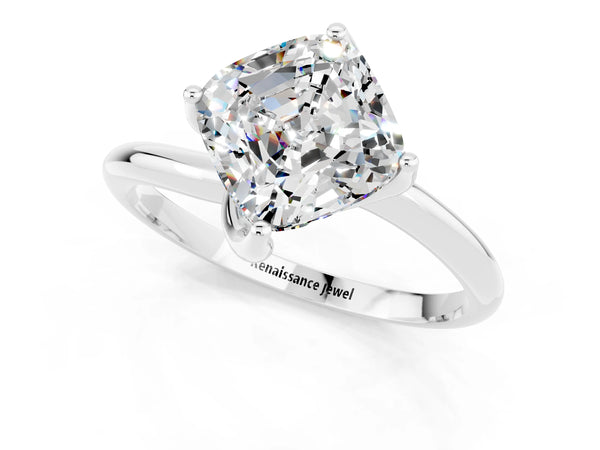 Silver Cushion Cut Moissanite Solitaire Engagement Ring with Four-Prong Setting and Classic Band