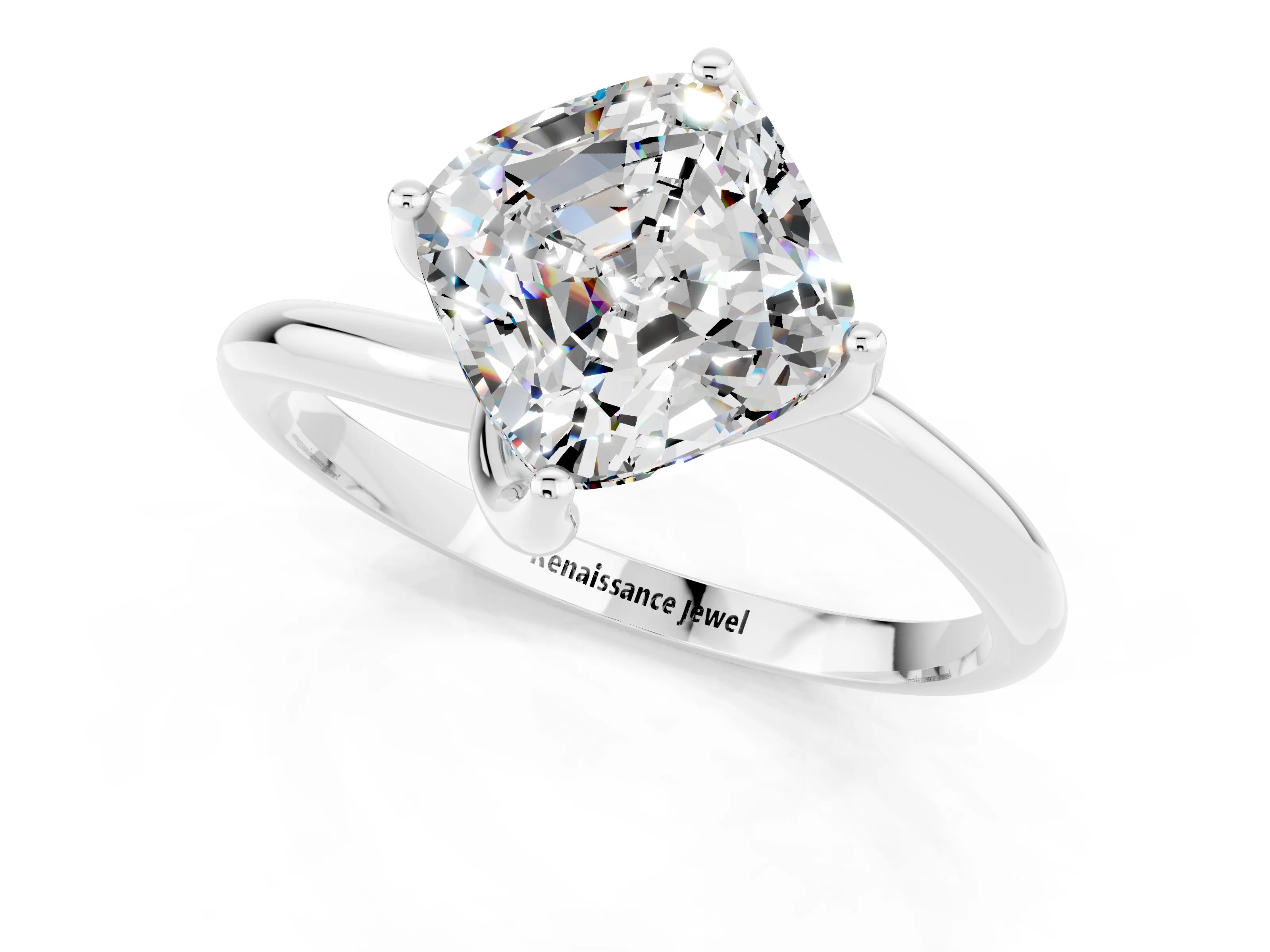White gold Cushion Cut Moissanite Solitaire Engagement Ring with Four-Prong Setting and Classic Band_37