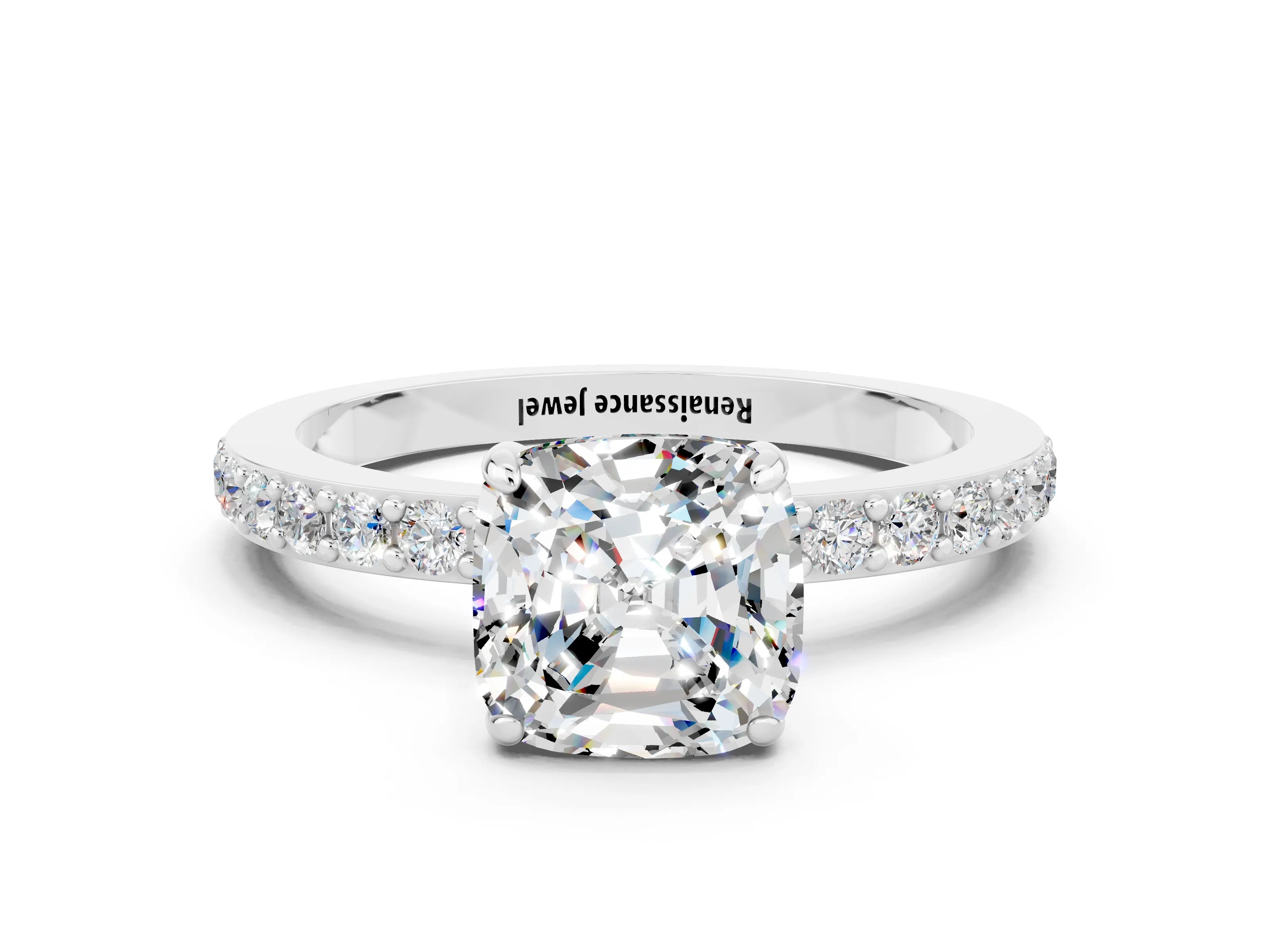 White gold Cushion Cut Moissanite Solitaire Engagement Ring with Pavé Band and Four-Prong Setting