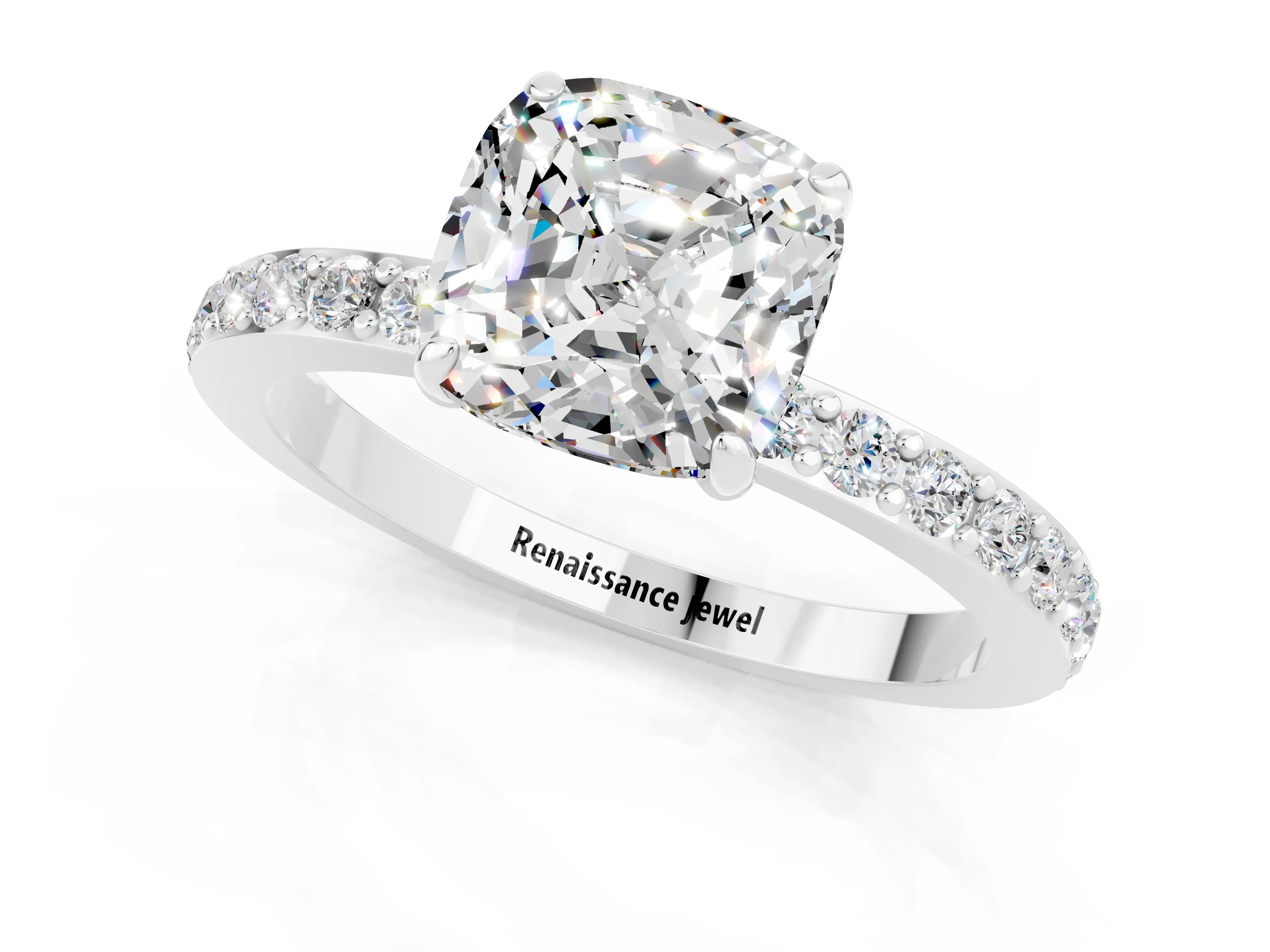 White gold Cushion Cut Moissanite Solitaire Engagement Ring with Pavé Band and Four-Prong Setting_1