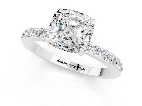 Platinum Cushion Cut Moissanite Solitaire Engagement Ring with Pavé Band and Four-Prong Setting