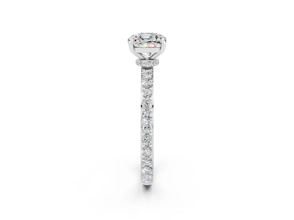 Platinum Cushion Cut Moissanite Solitaire Engagement Ring with Pavé Band and Four-Prong Setting