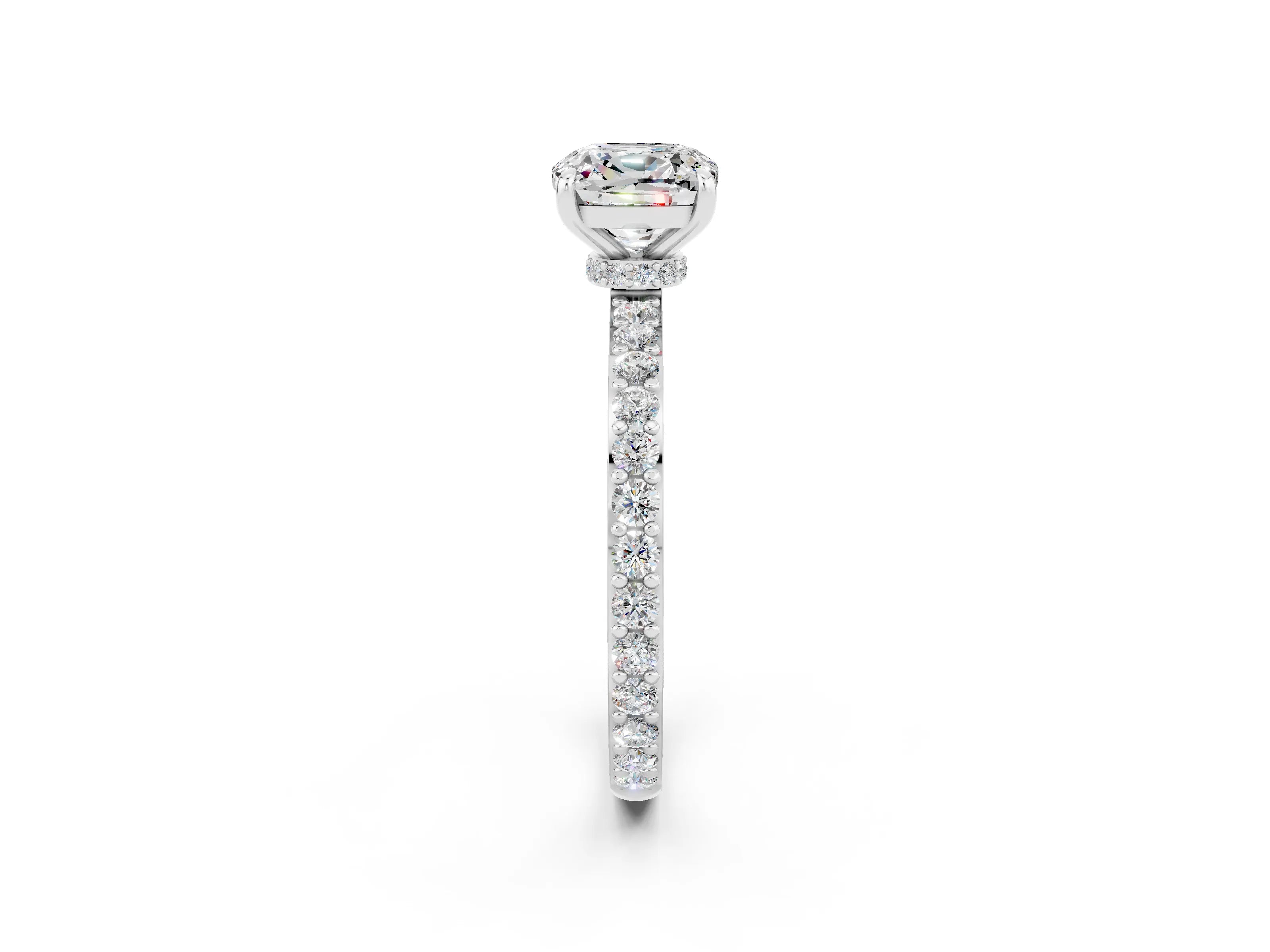 White gold Cushion Cut Moissanite Solitaire Engagement Ring with Pavé Band and Four-Prong Setting_2