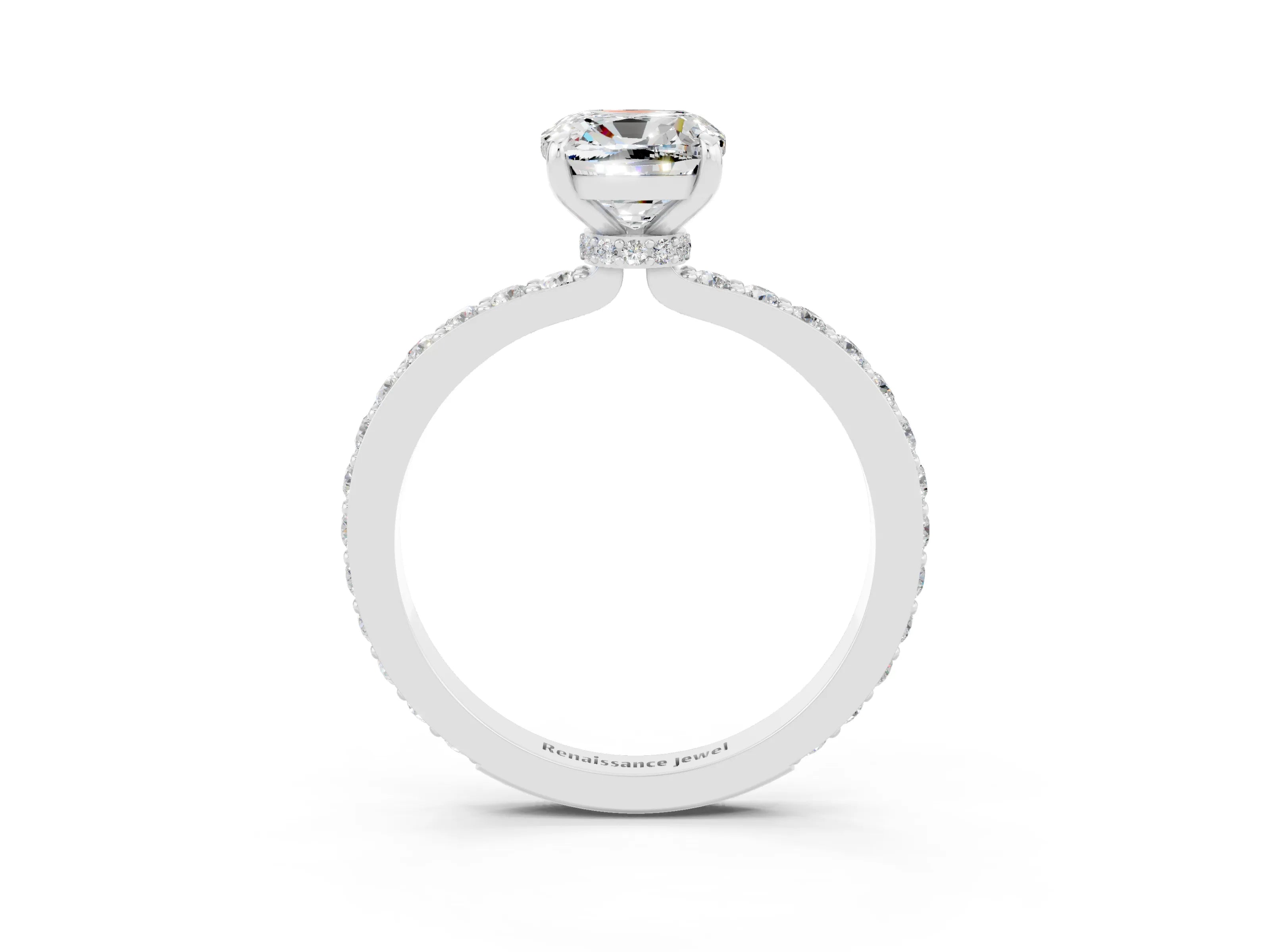 White gold Cushion Cut Moissanite Solitaire Engagement Ring with Pavé Band and Four-Prong Setting_3
