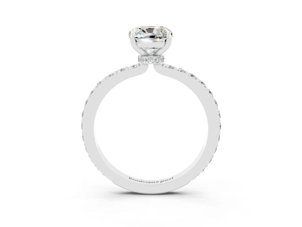 White gold Cushion Cut Moissanite Solitaire Engagement Ring with Pavé Band and Four-Prong Setting
