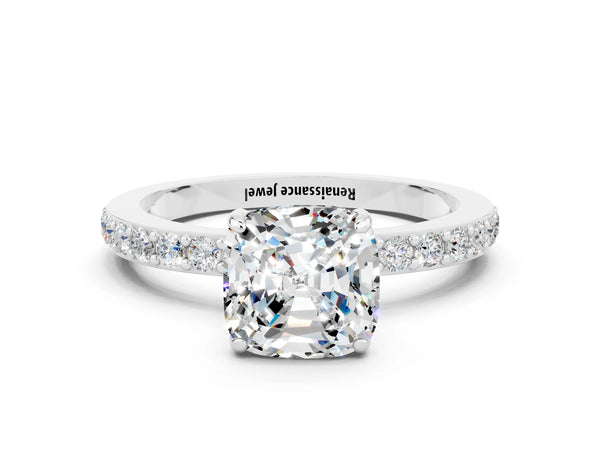 Silver Cushion Cut Moissanite Solitaire Engagement Ring with Pavé Band and Four-Prong Setting