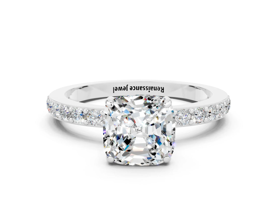 White gold Cushion Cut Moissanite Solitaire Engagement Ring with Pavé Band and Four-Prong Setting