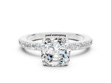 White gold Cushion Cut Moissanite Solitaire Engagement Ring with Pavé Band and Four-Prong Setting
