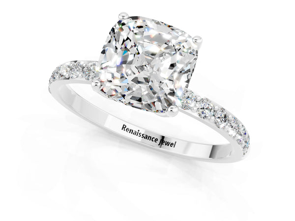Platinum Cushion Cut Moissanite Solitaire Engagement Ring with Round  Pavé Band and Prong Setting