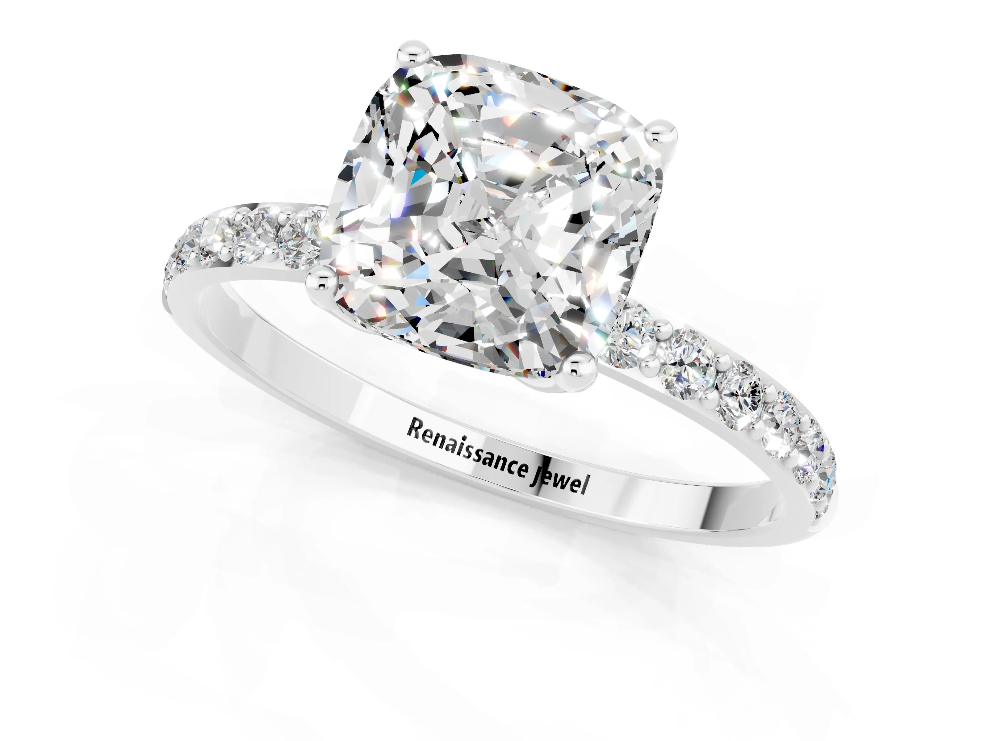 White gold Cushion Cut Moissanite Solitaire Engagement Ring with Pavé Band and Prong Setting_1