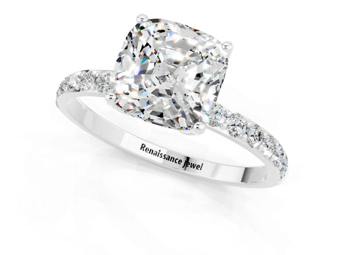 White gold Cushion Cut Moissanite Solitaire Engagement Ring with Pavé Band and Prong Setting_1
