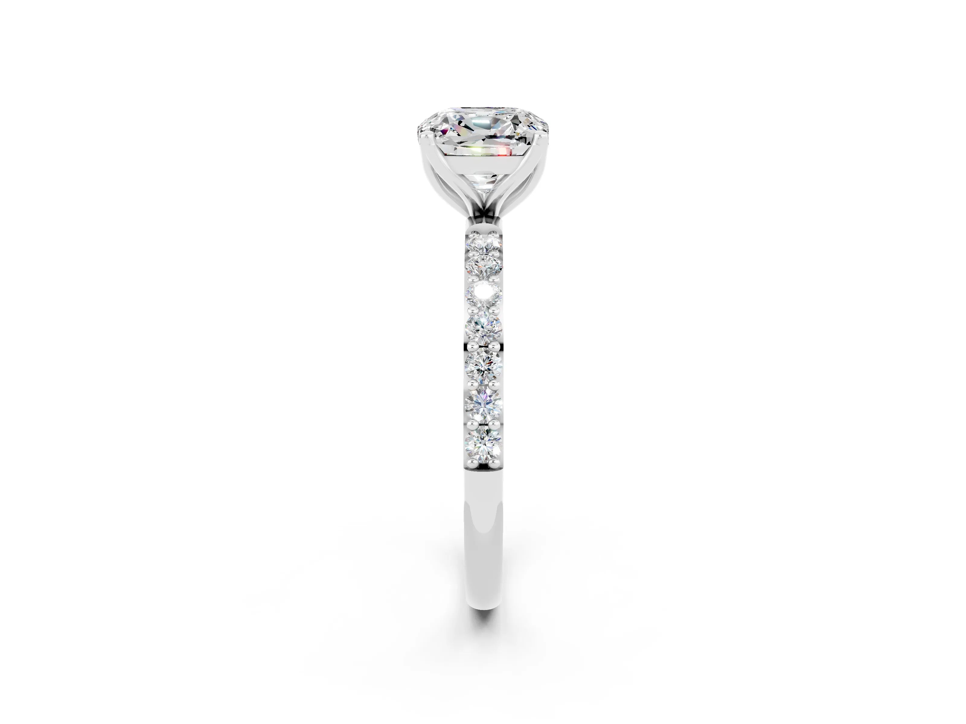 White gold Cushion Cut Moissanite Solitaire Engagement Ring with Pavé Band and Prong Setting_2