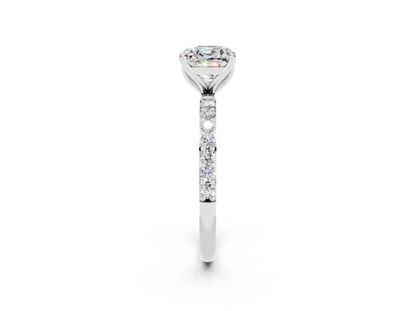 Silver Cushion Cut Moissanite Solitaire Engagement Ring with Round  Pavé Band and Prong Setting