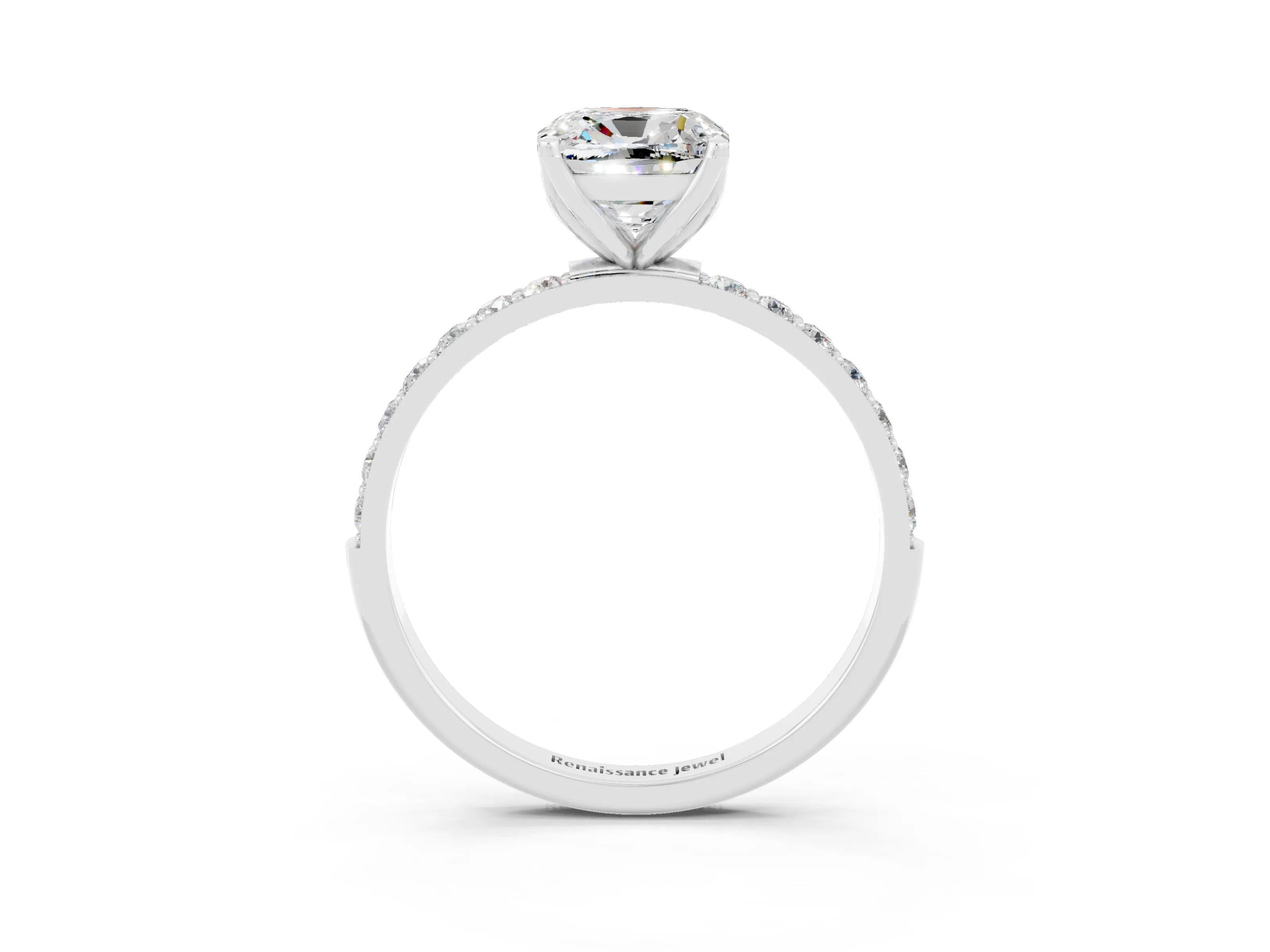 White gold Cushion Cut Moissanite Solitaire Engagement Ring with Pavé Band and Prong Setting_3