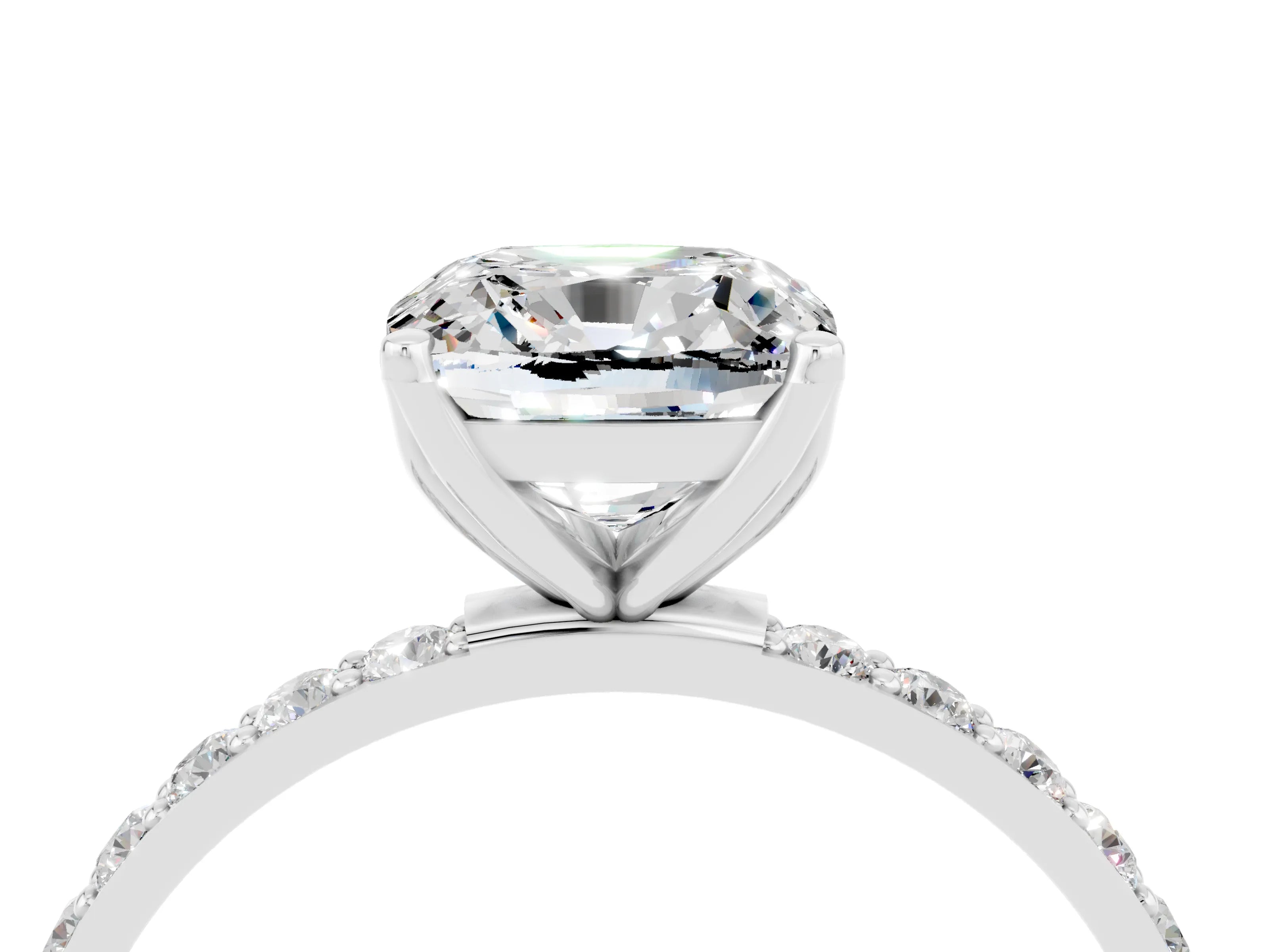 White gold Cushion Cut Moissanite Solitaire Engagement Ring with Pavé Band and Prong Setting_4