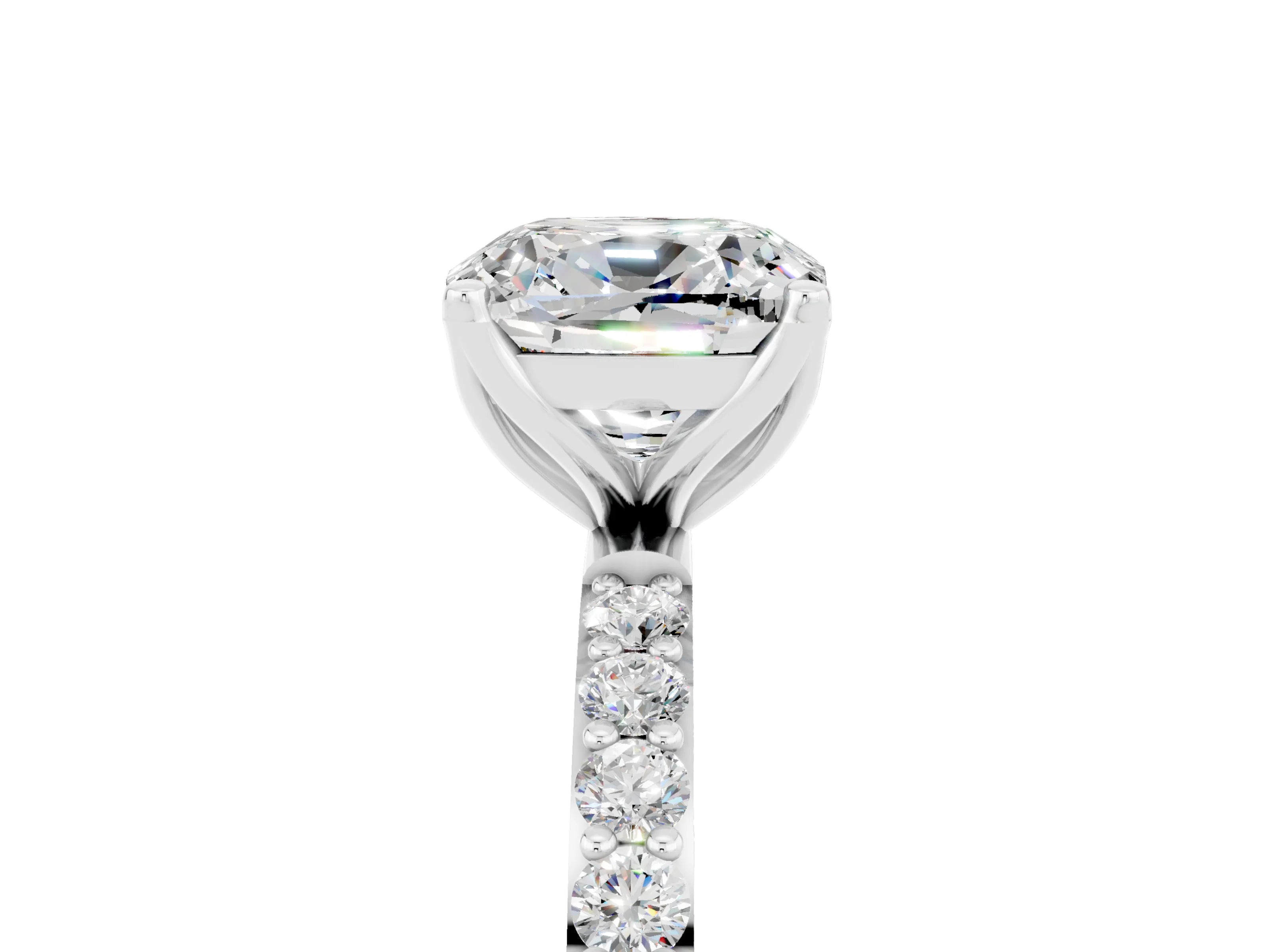 White gold Cushion Cut Moissanite Solitaire Engagement Ring with Pavé Band and Prong Setting_5