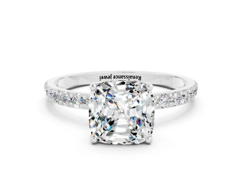 White gold Cushion Cut Moissanite Solitaire Engagement Ring with Pavé Band and Prong Setting
