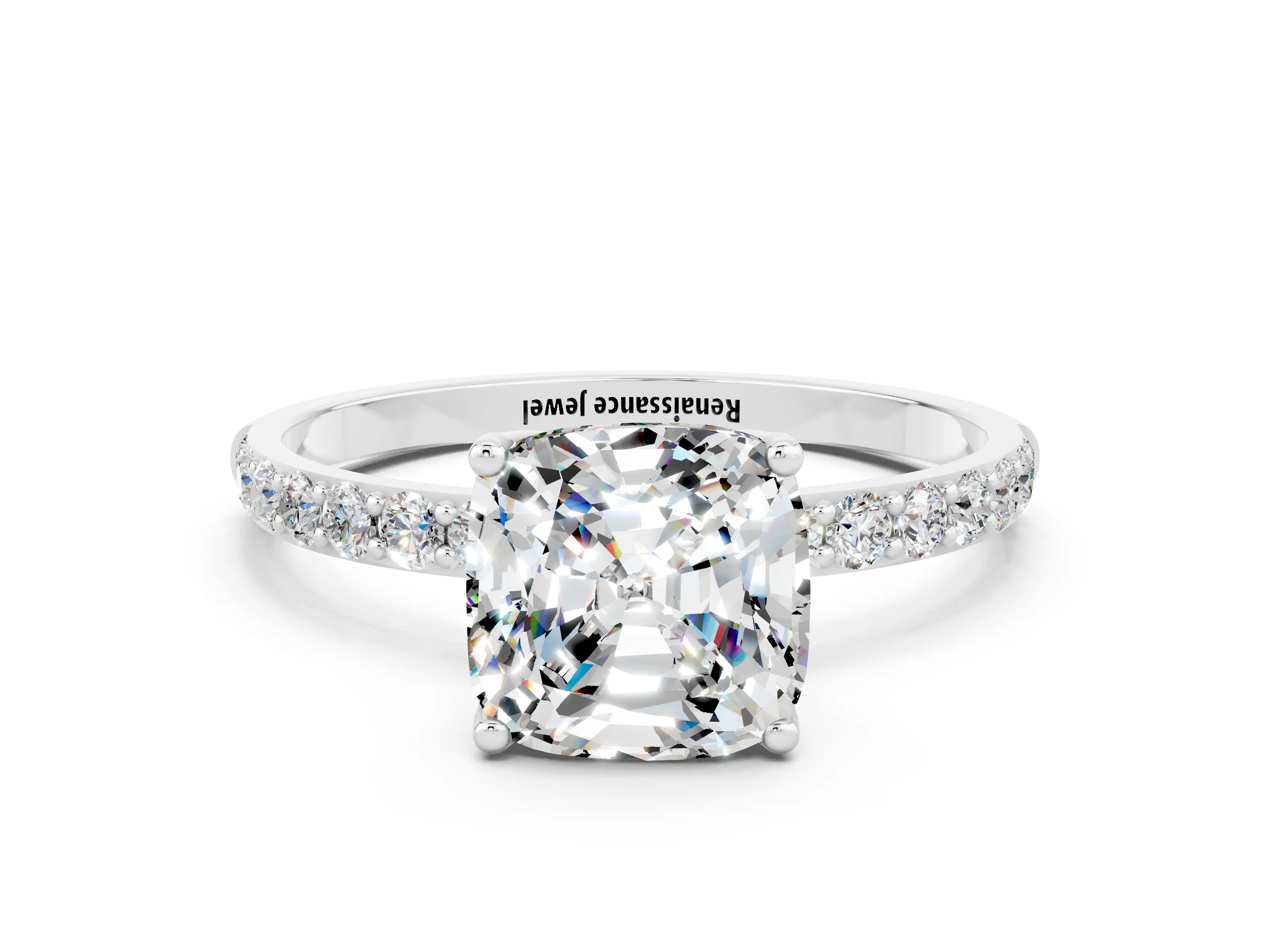 White gold Cushion Cut Moissanite Solitaire Engagement Ring with Pavé Band and Prong Setting