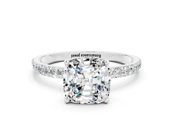 Silver Cushion Cut Moissanite Solitaire Engagement Ring with Round  Pavé Band and Prong Setting