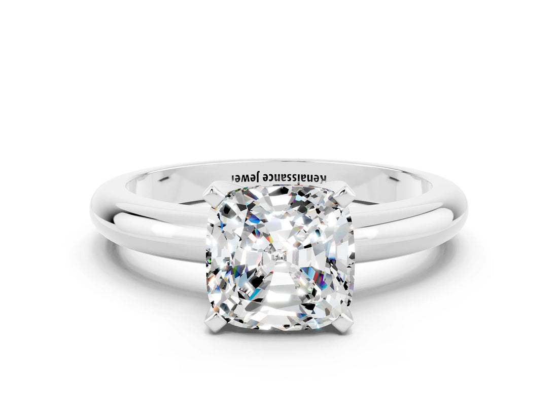 White gold Cushion Cut Moissanite Solitaire Engagement Ring with Round Band and Four-Prong Setting