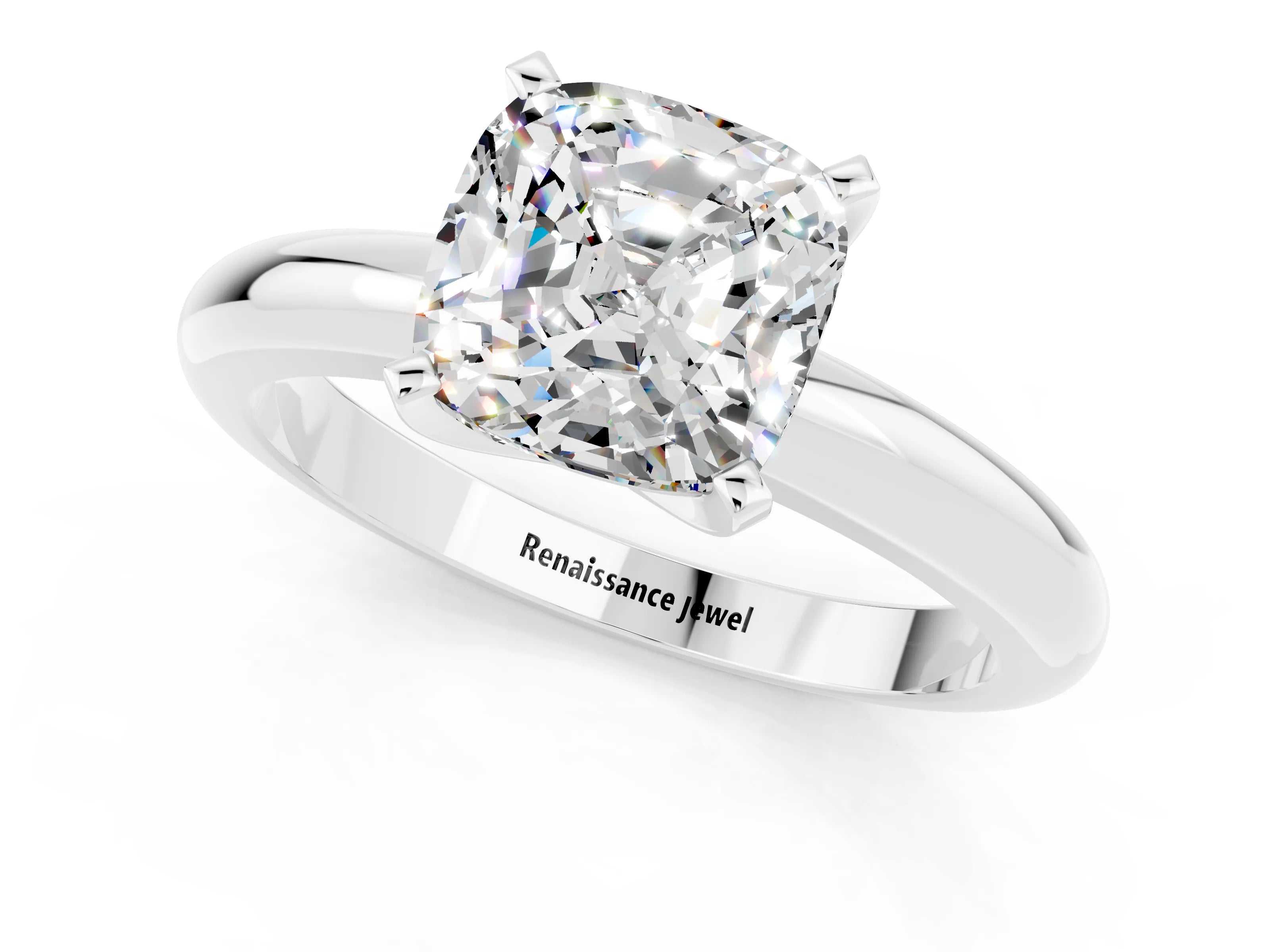 White gold Cushion Cut Moissanite Solitaire Engagement Ring with Round Band and Four-Prong Setting_1