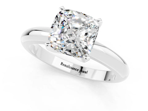 White gold Cushion Cut Moissanite Solitaire Engagement Ring with Round Band and Four-Prong Setting_1