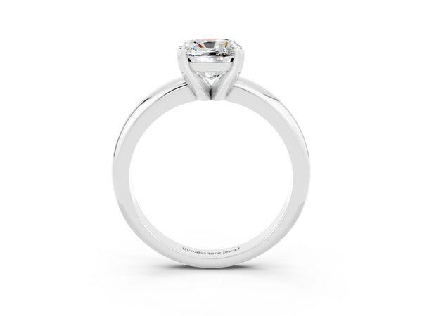 Platinum Cushion Cut Moissanite Solitaire Engagement Ring with Round Band and Four-Prong Setting