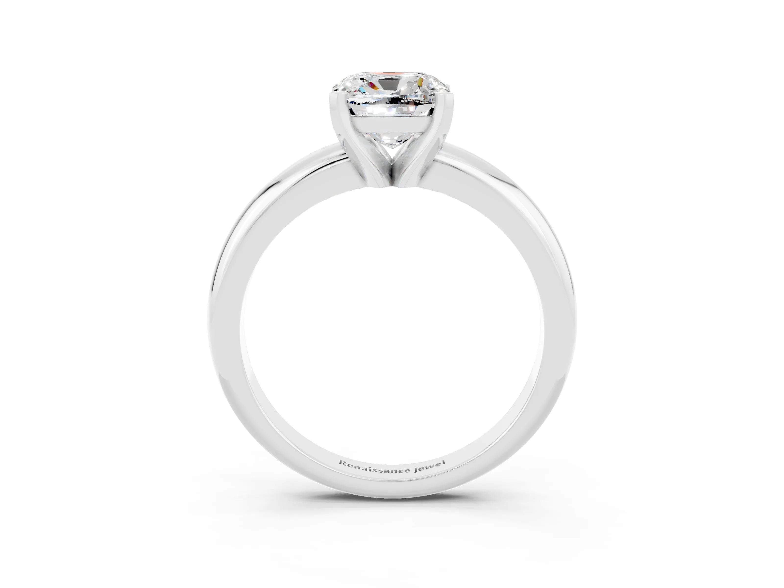 White gold Cushion Cut Moissanite Solitaire Engagement Ring with Round Band and Four-Prong Setting_3