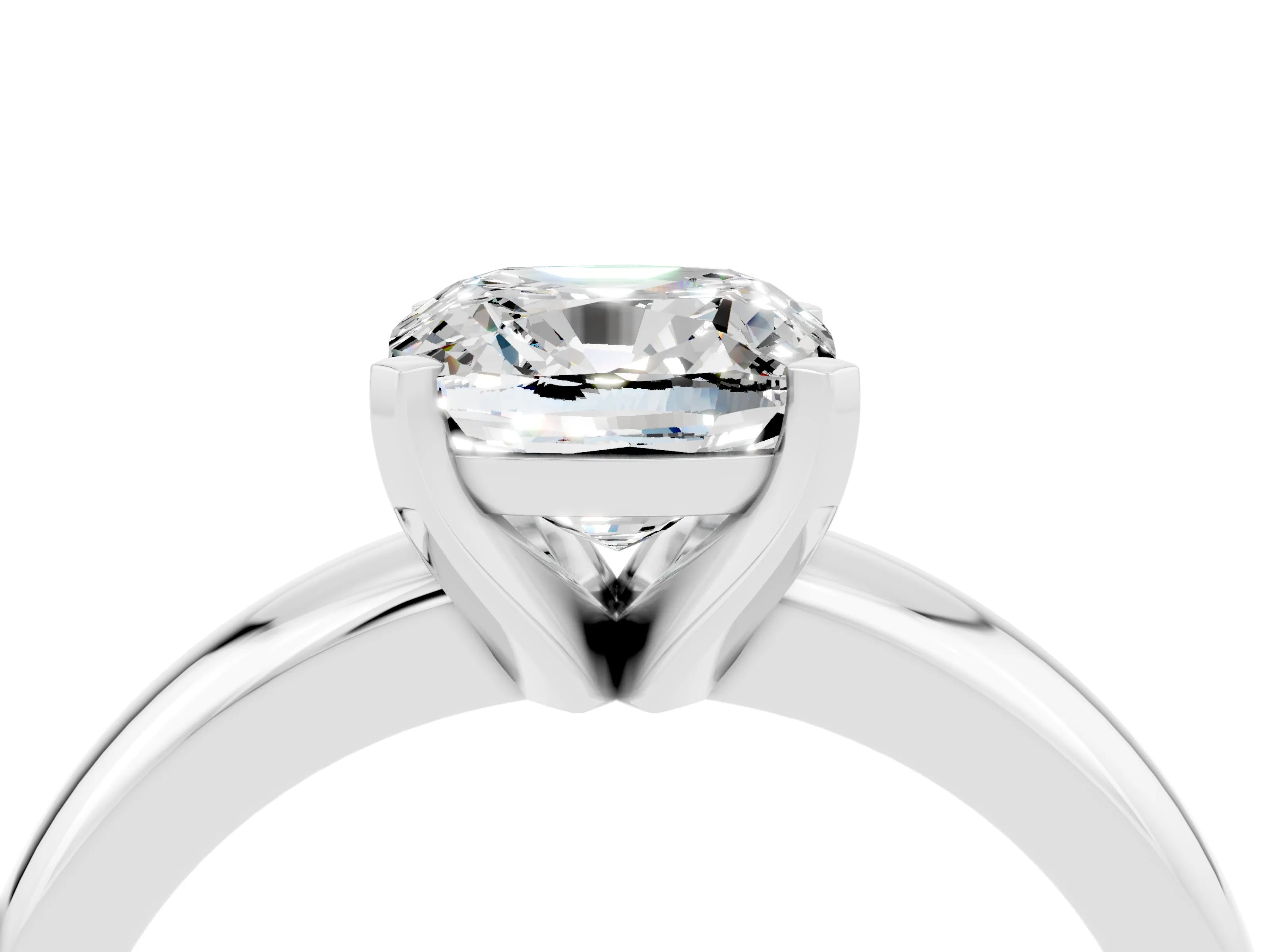 White gold Cushion Cut Moissanite Solitaire Engagement Ring with Round Band and Four-Prong Setting_4